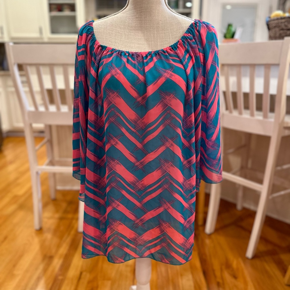 R. Rouge turquoise and pink scribble tunic top
